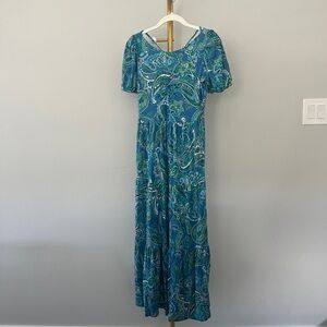 Boden Blue Paisley Maxi Dress, Short Sleeve, V-Neck, Criss Cross Back, 4P